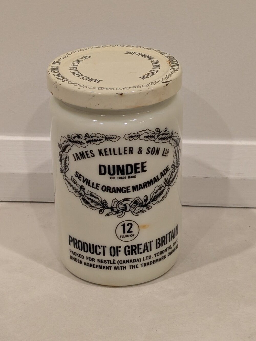 Vintage James Keiller & Son Dundee Marmalade Milk Glass Jar with Lid 1970s